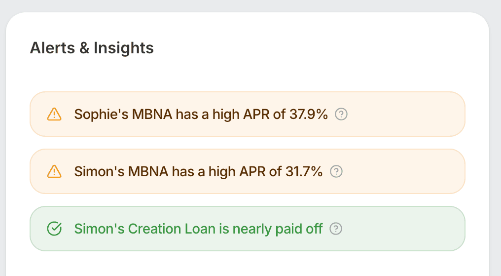 Dashboard alerts and insights showing upcoming payments and tips
