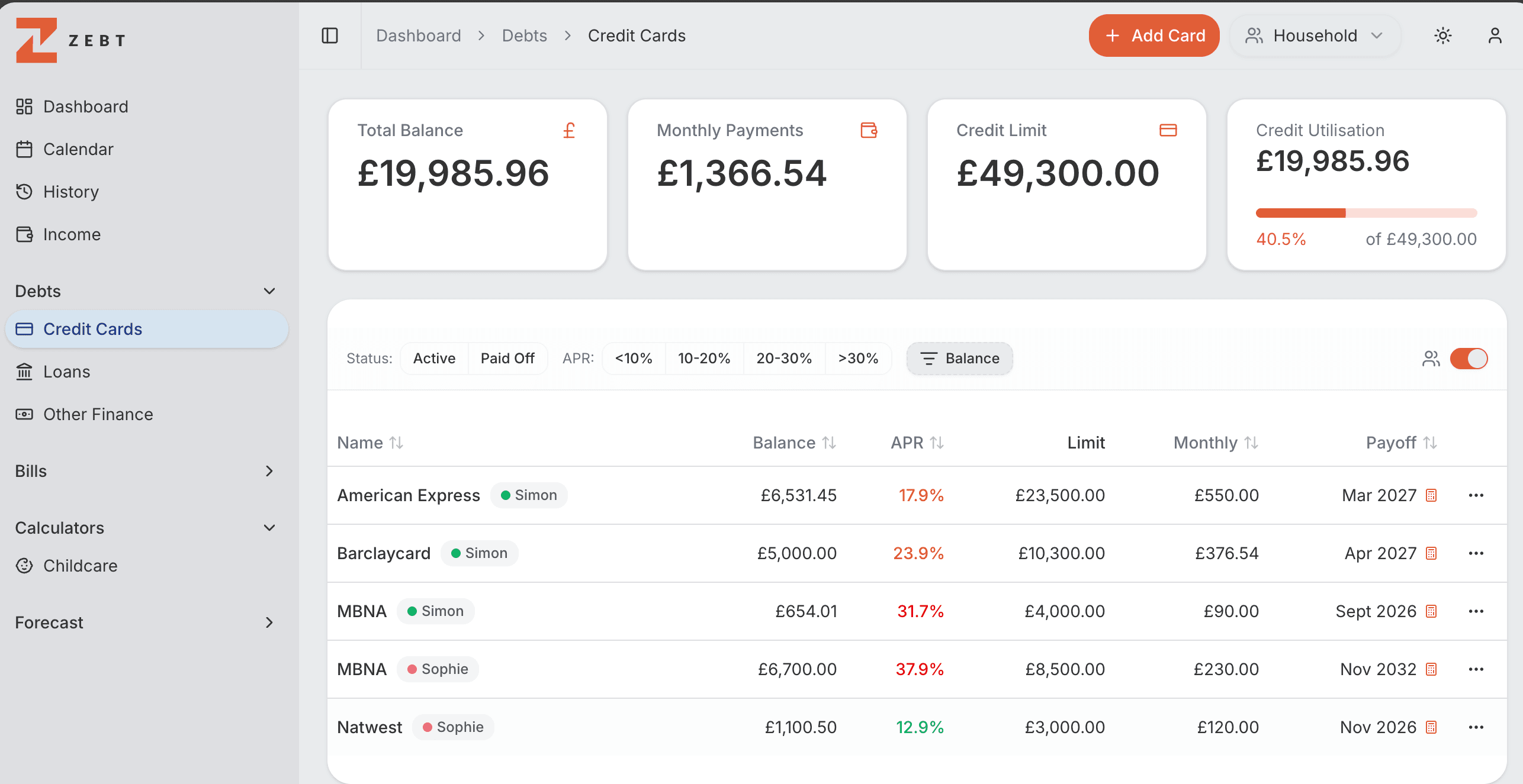 Zebt credit cards dashboard showing all your cards in one place